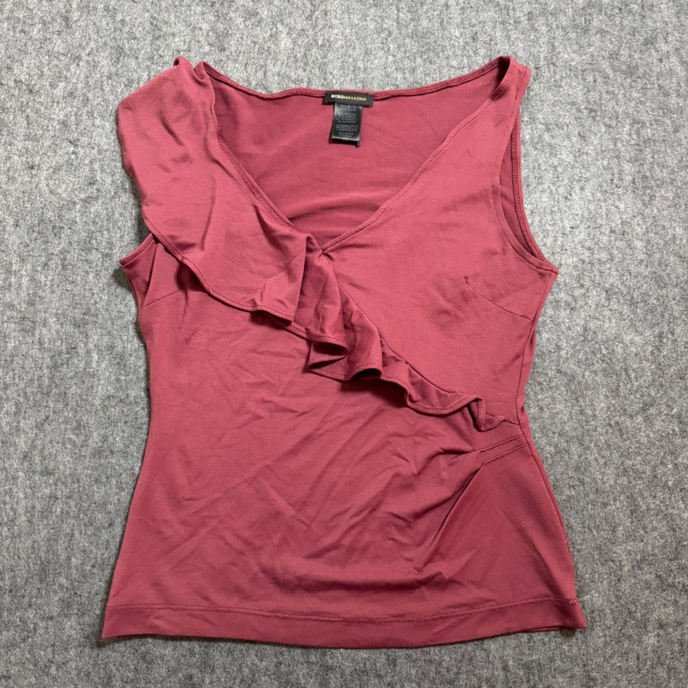 VTG Y2K BCBGMAXAZRIA Burgundy Ruffle V-Neck Sleeveless Top ZYJ10436 XS